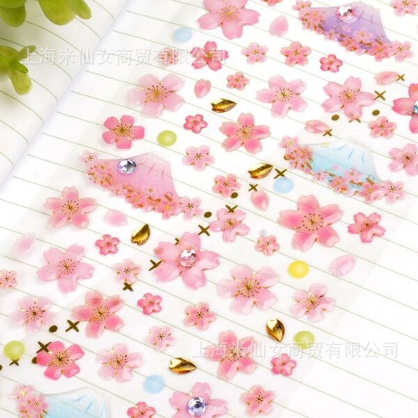 Wholesale Wow WQCC Pink Cherry Blossom Bronzing Crystal Stereo Sticker Children's Girl's Diary Hand Account Water Cup Decorative Glue Drops