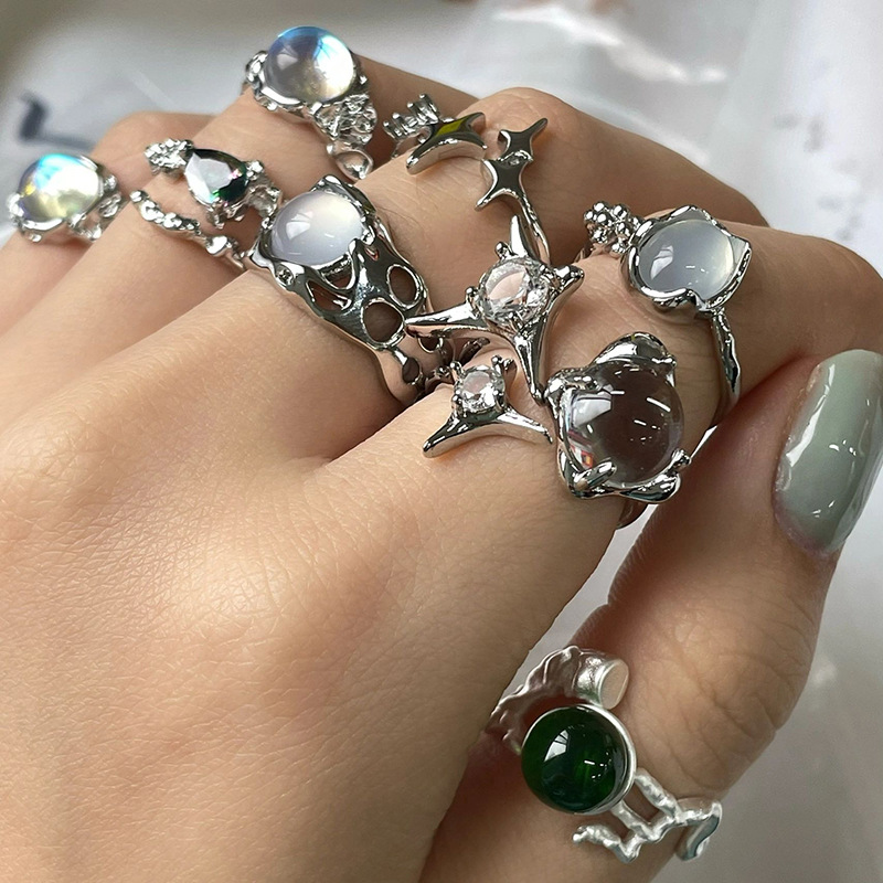 Wholesale Sier Inlaid Moonstone Geometric Open Ring