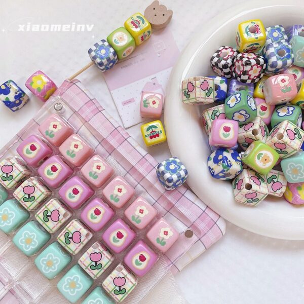 Wholesale 10pcs Garden Checkerboard Tulip Flowers Love Blocks Acrylic Beads