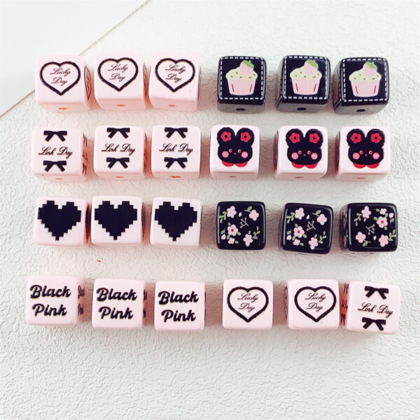 Wholesale 10pcs 14mm printed black and pink love bow flower square acrylic beads
