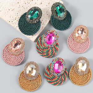 Wholesale studded oval elastic thread woven round earrings