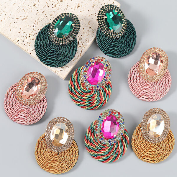 Wholesale studded oval elastic thread woven round earrings