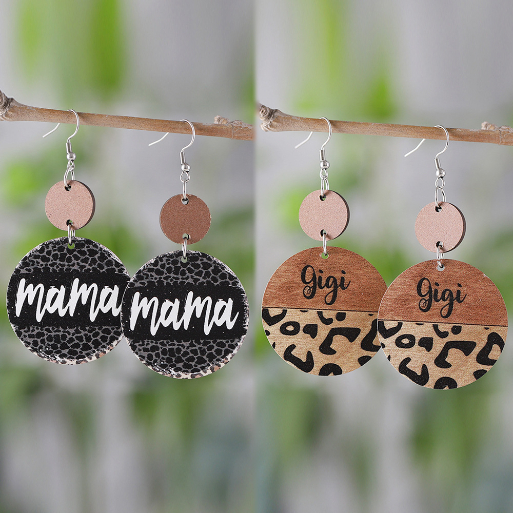 Wholesale Mother's Day Leopard GIGI MAMA Pendant Wooden Double-sided Earrings