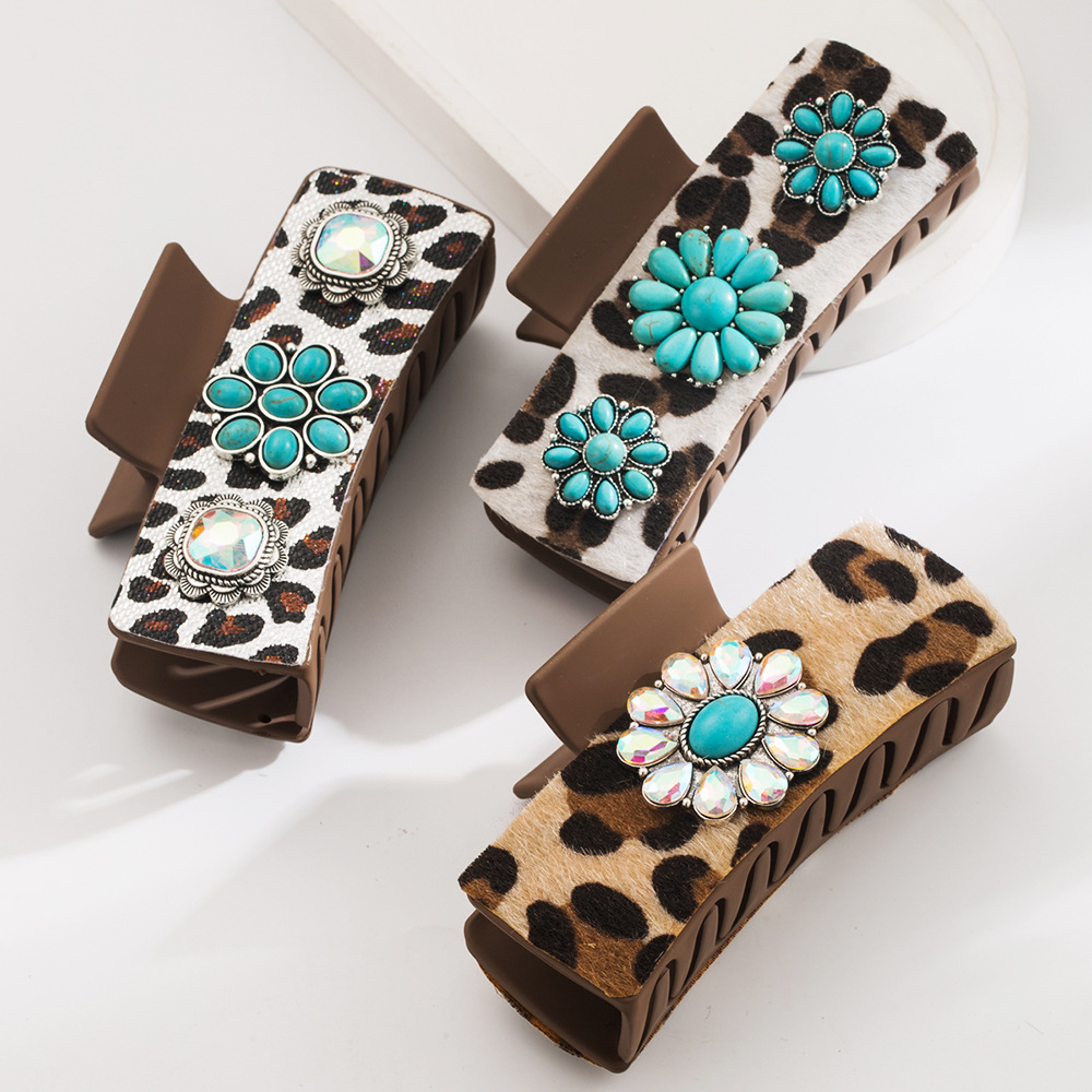 Wholesale Ancient Sier Alloy Turquoise Hair Clip Retro leopard print sequined leather