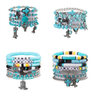 Wholesale Bullhead Cactus Bohemian Multi Layer Turquoise Elastic Bracelet Set