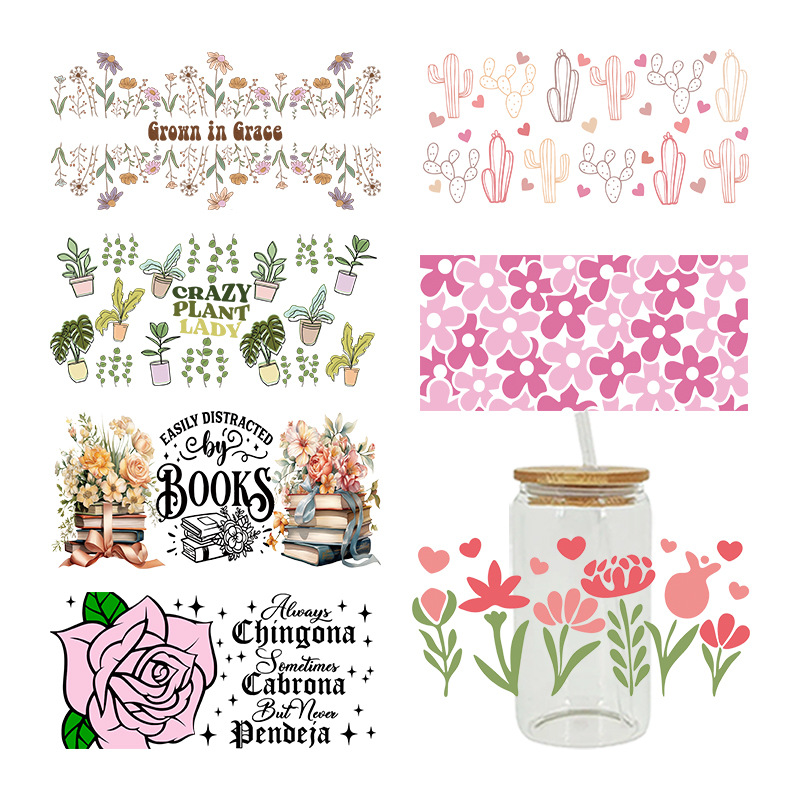 Wholesale Cartoon Cute Plants and Books Theme 16oz C UV DTF Wraps