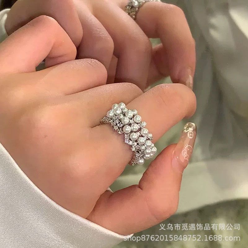 Wholesale Light Luxury Pearl Zircon Open Ring Niche Exquisite Finger Ring