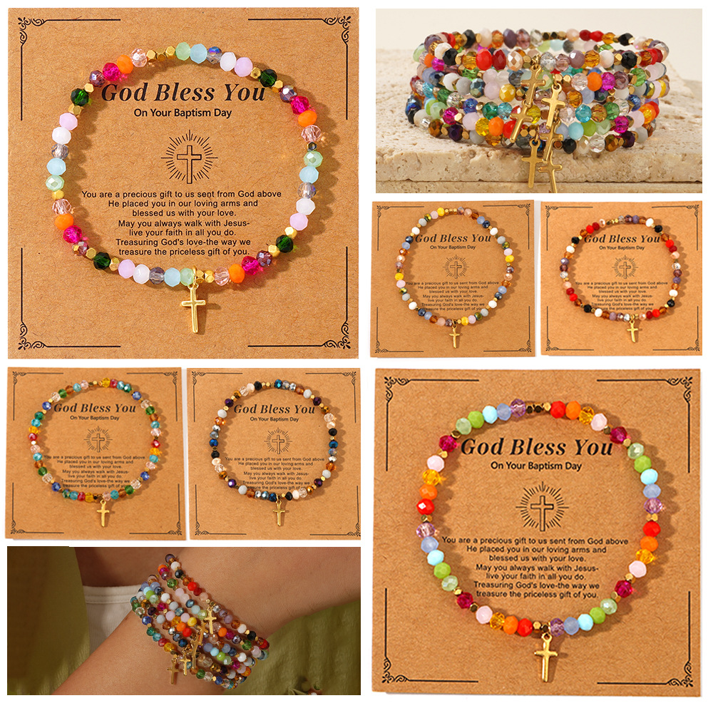 Wholesale Easter Cross Square Iron Stone Chain Colorful Crystal Bracelet