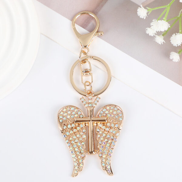 Wholesale Full Diamond Double Wing Cross Metal Keychain