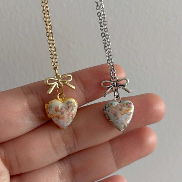 Wholesale Angel Heart Shaped Box Gold Bow Necklace
