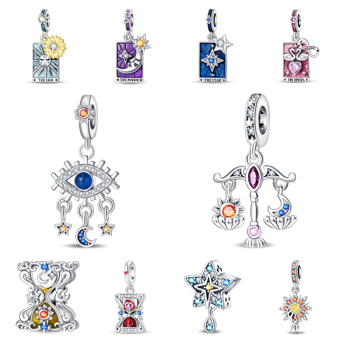 Wholesale Tarot Cards Stars Moon Hourglass Sier Plated Charms