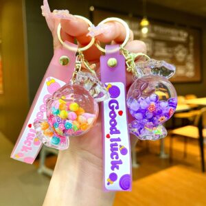 Wholesale Oil filled luminous colorful candy quicksand bottle keychain