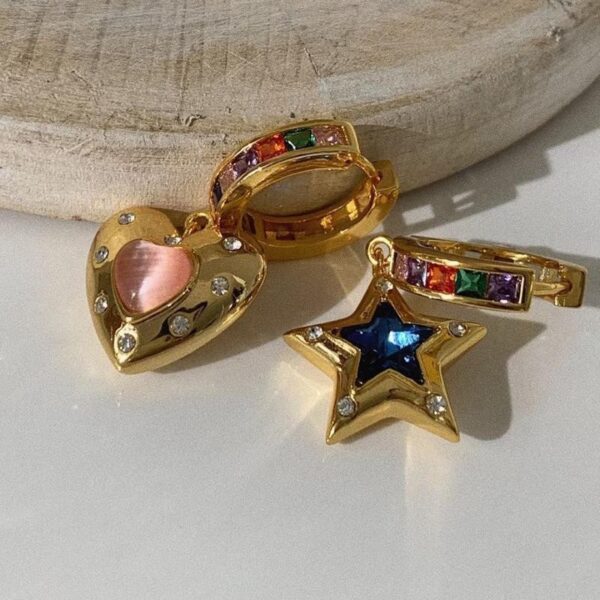 Wholesale Valentine's Day colored stone heart-shaped asymmetric star earrings