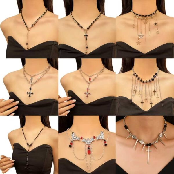 Wholesale Gothic style cross pentagram tassel multi-layered layered necklace