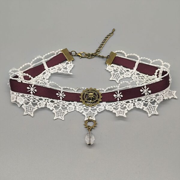 Wholesale Lace punk star dark red ribbon black and white lace necklace