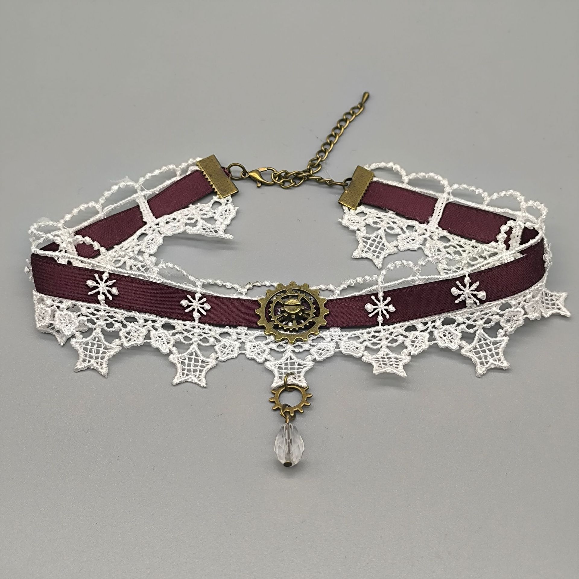 Wholesale Lace punk star dark red ribbon black and white lace necklace