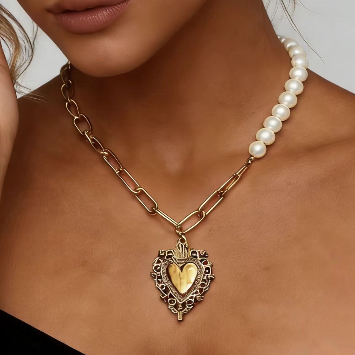 Wholesale n Gold Love Pearl Cuban Chain Necklace