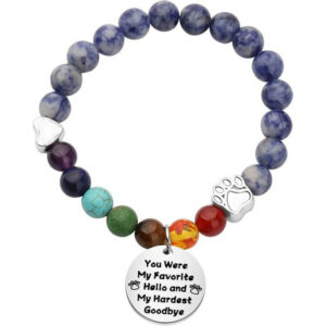 Blue stone silver dog paw + round plate engraved bracelet