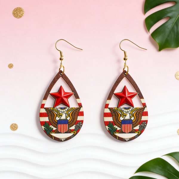 Wholesale Water drop five-pointed star earrings eagle emblem pattern wooden earrings
