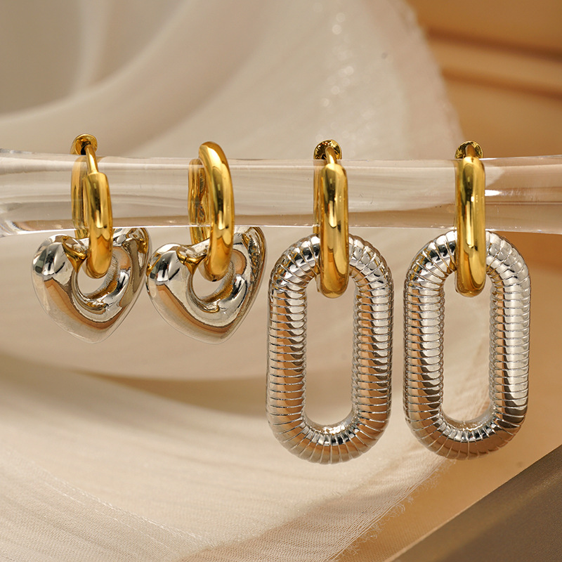 Wholesale Detachable Color-Blocked Peach Heart Threaded Oval Earrings Titanium Steel