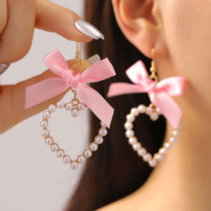 Wholesale Sweet bowknot ribbon pearl heart earrings