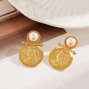 Wholesale Stainless Steel Retro Gold Coin Earrings