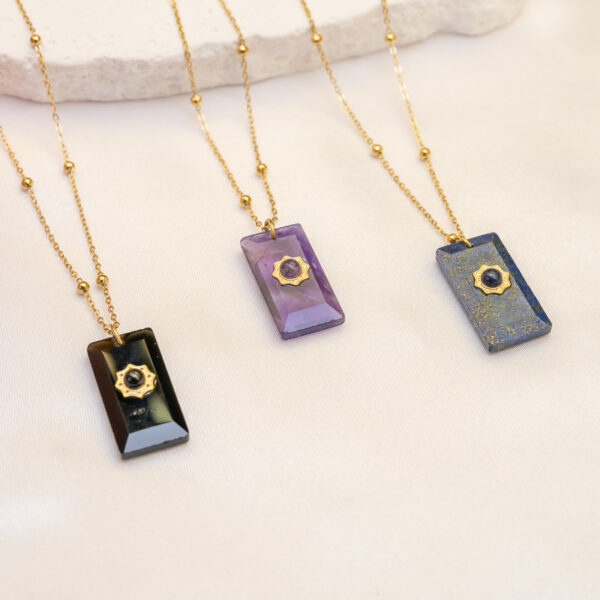 Wholesale retro square natural stone pendant titanium steel necklace