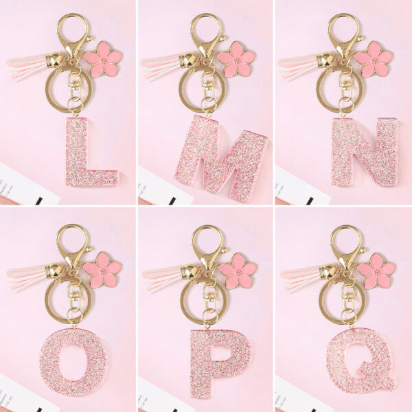Wholesale Pink 26 letter Sparkling Pink Flower Tassel Keychain