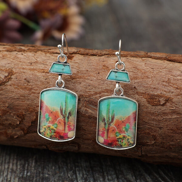 Wholesale Western style geometric printing cactus turquoise earrings