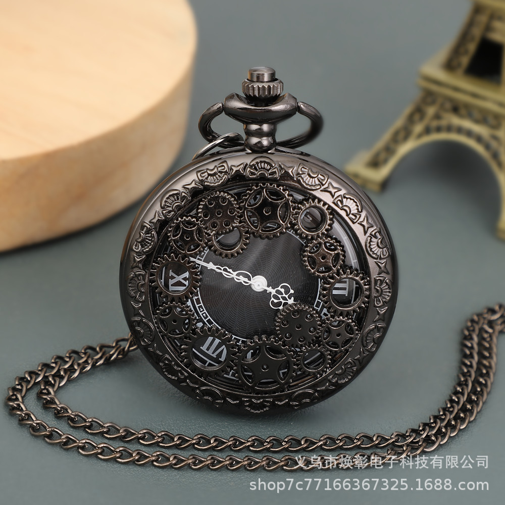 Wholesale Large black gear retro hollow flip quartz cket watch