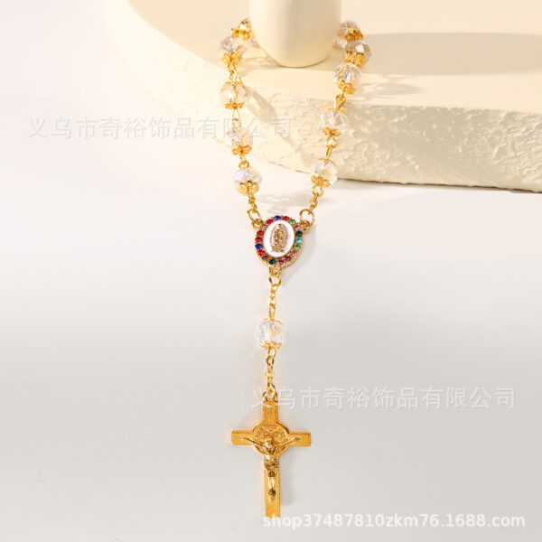 Wholesale 8mm Crystal with Flower Tray Alloy Mary Religious Cross Simple Beaded Bracelet