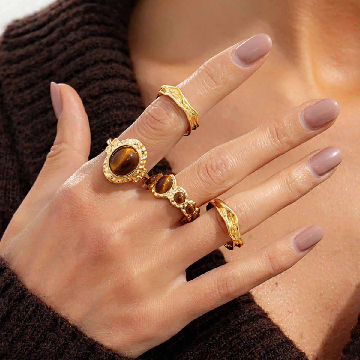 Wholesale Micro-painted Tiger's Eye Lava Open Ring Set