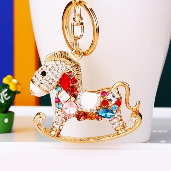 Wholesale Zodiac Diamond-Encrusted Small Wooden Horse Car Keychain for Women, Creative Bag Pendant, Metal Horse Key Ring, Business Gift