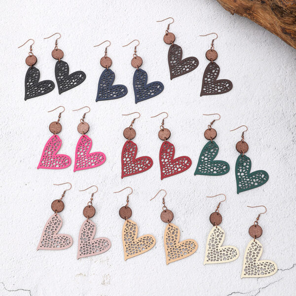 Wholesale Valentine's Day Love Wood Pieces Hollow Mesh Leather Earrings