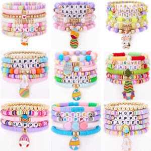 Wholesale Easter egg macaron colored acrylic Easter rabbit bracelet