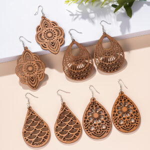 Wholesale Wooden Cut Out Fan-shaped Earrings Geometric Drop-shaped Earrings