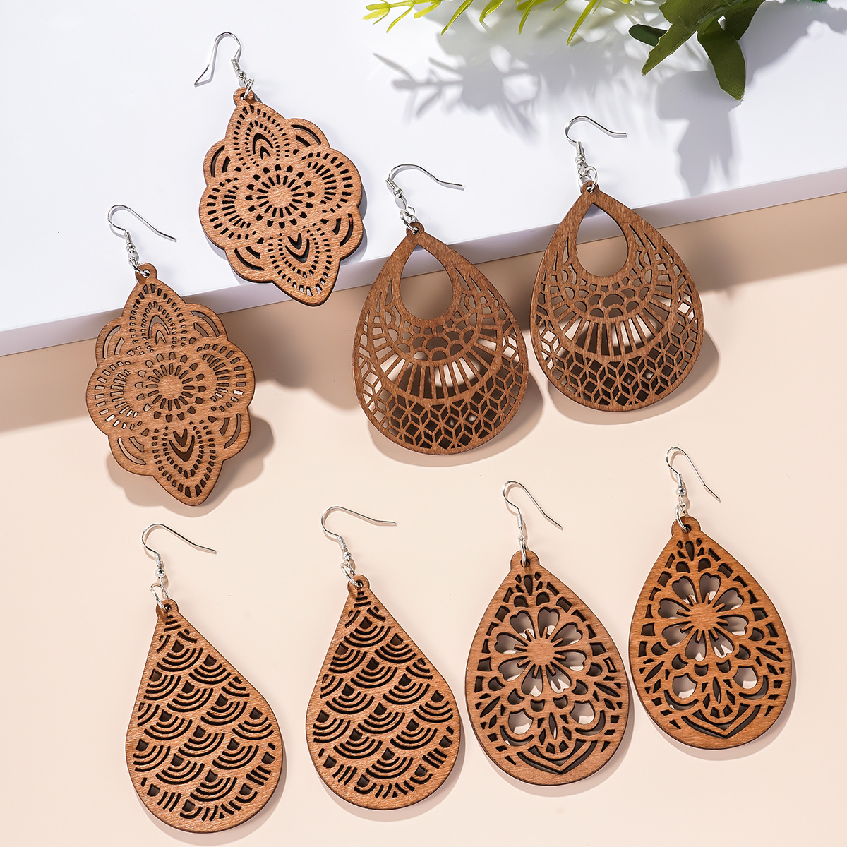 Wholesale Wooden Cut Out Fan-shaped Earrings Geometric op-shaped Earrings
