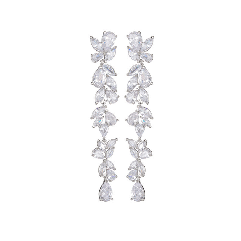 Wholesale Copper inlaid zircon intricate leaf earrings