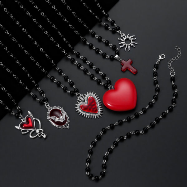 Wholesale Dark punk black bead red cross multi-element necklace