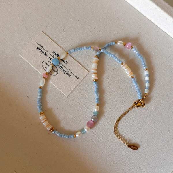 Wholesale Spring and Summer Fresh Light Blue Niche Beaded Necklace