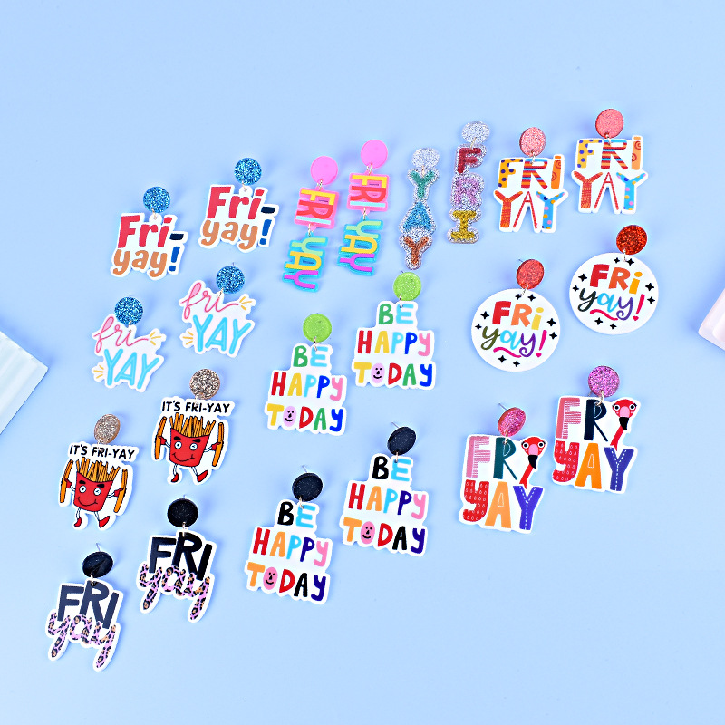 Wholesale New Friday happy day earrings happy Flamingo French fries leopard print earrings