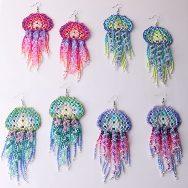 Wholesale Ocean jellyfish tassel rice bead woven Bohemian earrings