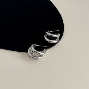 Silver three-layer C- shaped ear studs