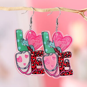 Wholesale LOVE Stethoscope Heart Leopard Print Pendant Earrings