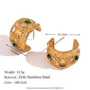Peacock eye beating pattern rhinestone C- shaped earrings-Gold