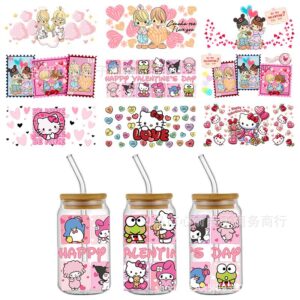 Wholesale Cartoon Valentine's Day Series Uv Dtf Transfer Crystal Label 16oz Glass Cup Sticker Cross-Border Popular Three-Dimensional Sanrio