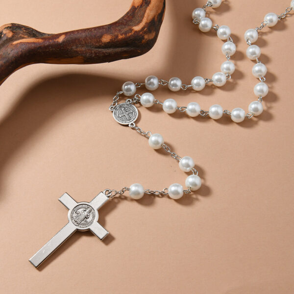Wholesale Glass Imitation Pearl Cross Rosary Necklace