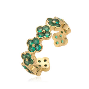 Gold green diamond four leaf clover ring