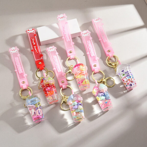 Wholesale Acrylic flowing sand bottle milk tea cup keychain