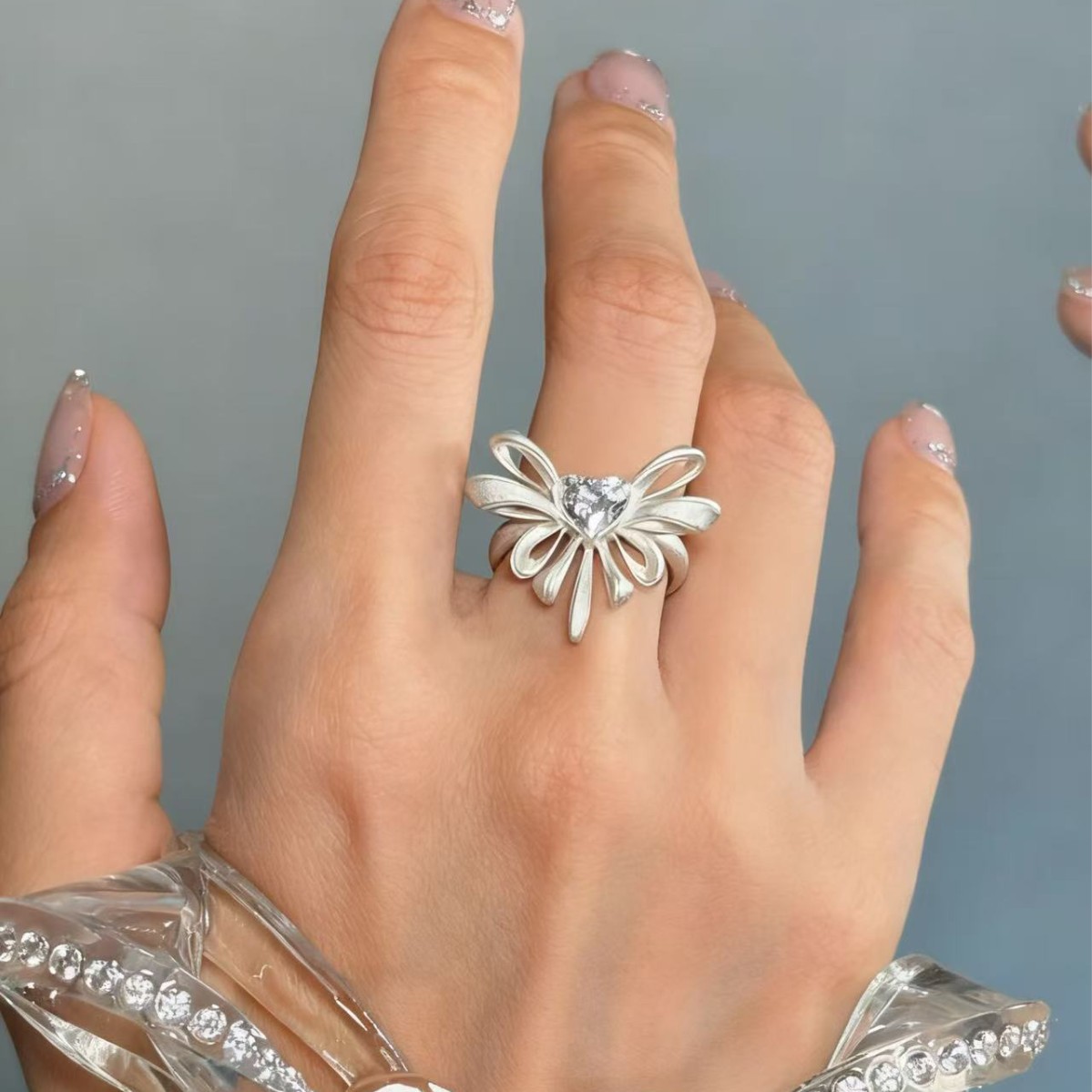 Wholesale Medieval Style Vintage Bow Heart Zircon Transformation Ring Aessible Luxury Niche High-End Open Ring for Women